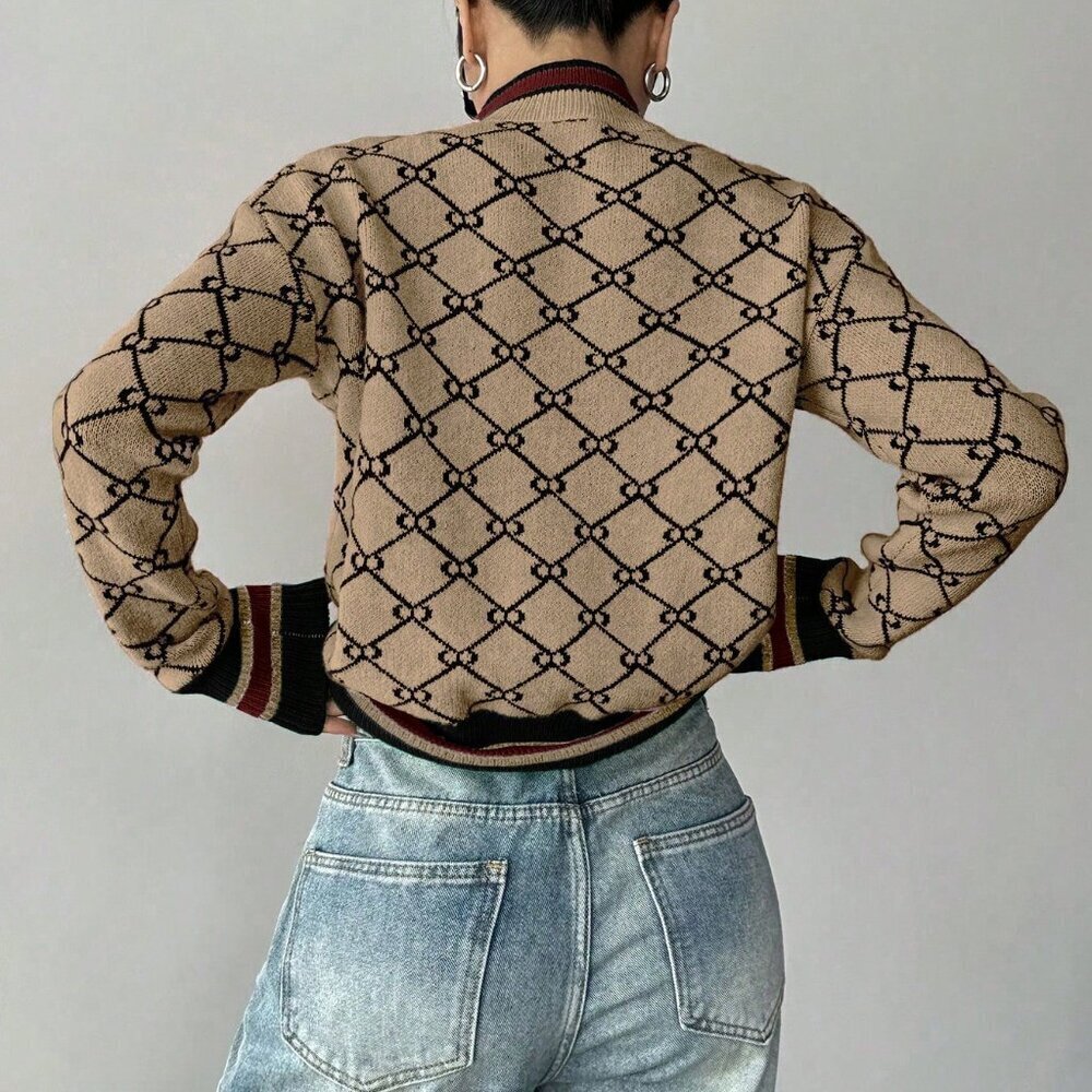 Khaki Casual Women's Geometric Embroidery Crew Neck Sweater - Picture 2 of 6